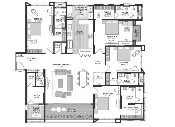 Floor plan of 4 BHK 2228 Sq. Ft. Apartment in ORG The Sky Bungalows, Jaipur