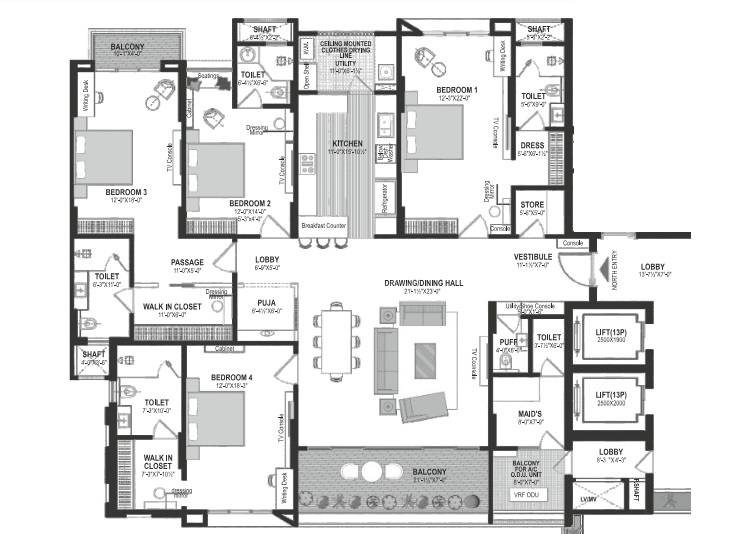 Floor plan of 4 BHK 2365 Sq. Ft. Apartment in ORG The Sky Bungalows, Jaipur