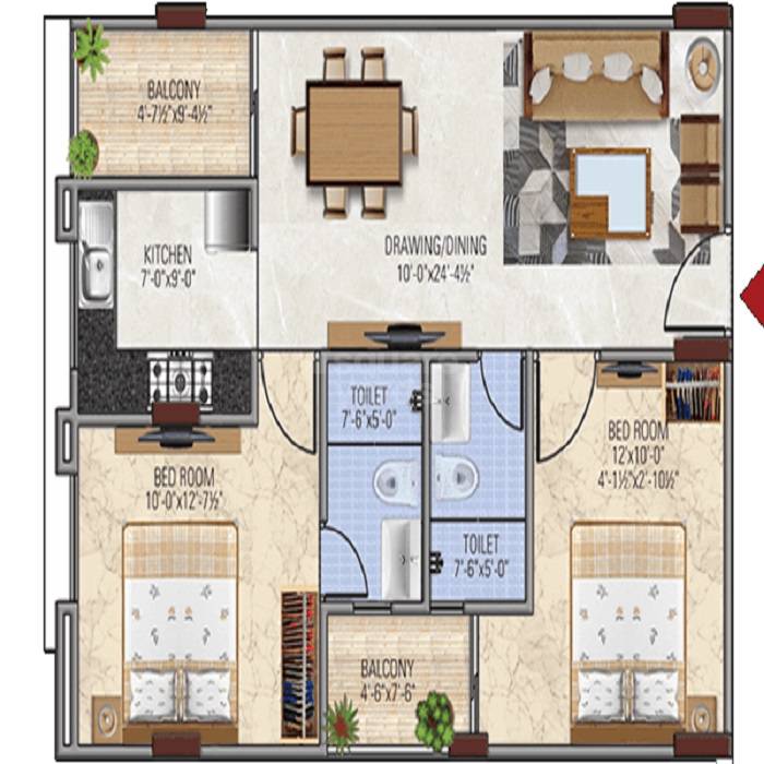 Floor plan of 2 BHK 683 Sq. Ft. Apartment in Panchvati Imperia Palace, Jaipur