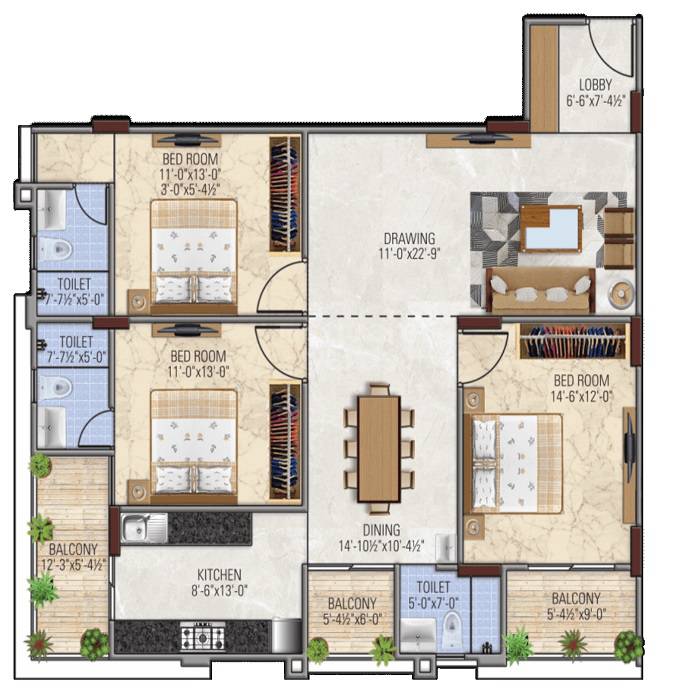 Floor plan of 3 BHK 1058 Sq. Ft. Apartment in Panchvati Imperia Palace, Jaipur