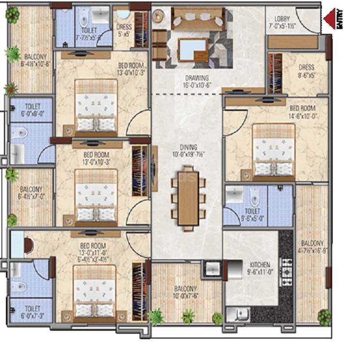 Floor plan of 4 BHK 1405 Sq. Ft. Apartment in Panchvati Imperia Palace, Jaipur