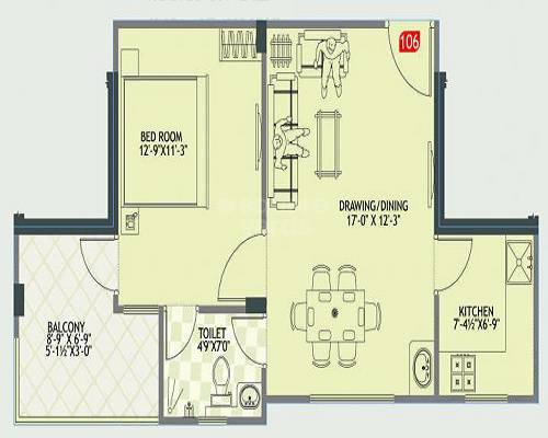 Floor plan of 1 BHK 421 Sq. Ft. Apartment in Panchwati Imperia Grande, Jaipur