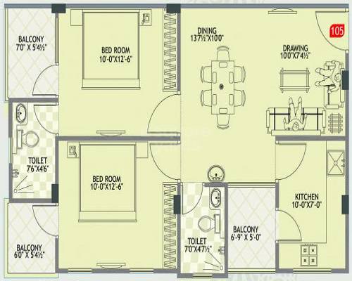 Floor plan of 2 BHK 826 Sq. Ft. Apartment in Panchwati Imperia Grande, Jaipur