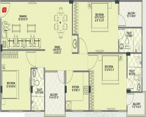 Floor plan of 3 BHK 1025 Sq. Ft. Apartment in Panchwati Imperia Grande, Jaipur