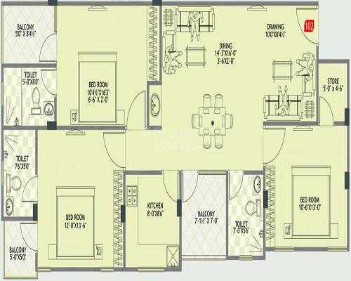 Floor plan of 3 BHK 1030 Sq. Ft. Apartment in Panchwati Imperia Grande, Jaipur