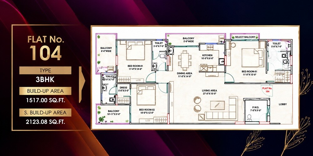 Floor plan of 3 BHK 2123 Sq. Ft. Apartment in Parth Aangan, Jaipur