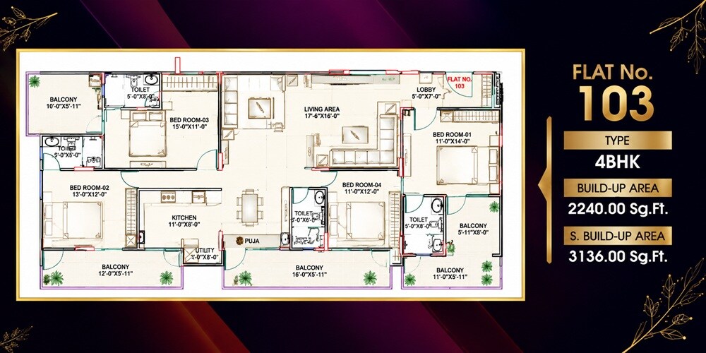 Floor plan of 4 BHK 3136 Sq. Ft. Apartment in Parth Aangan, Jaipur