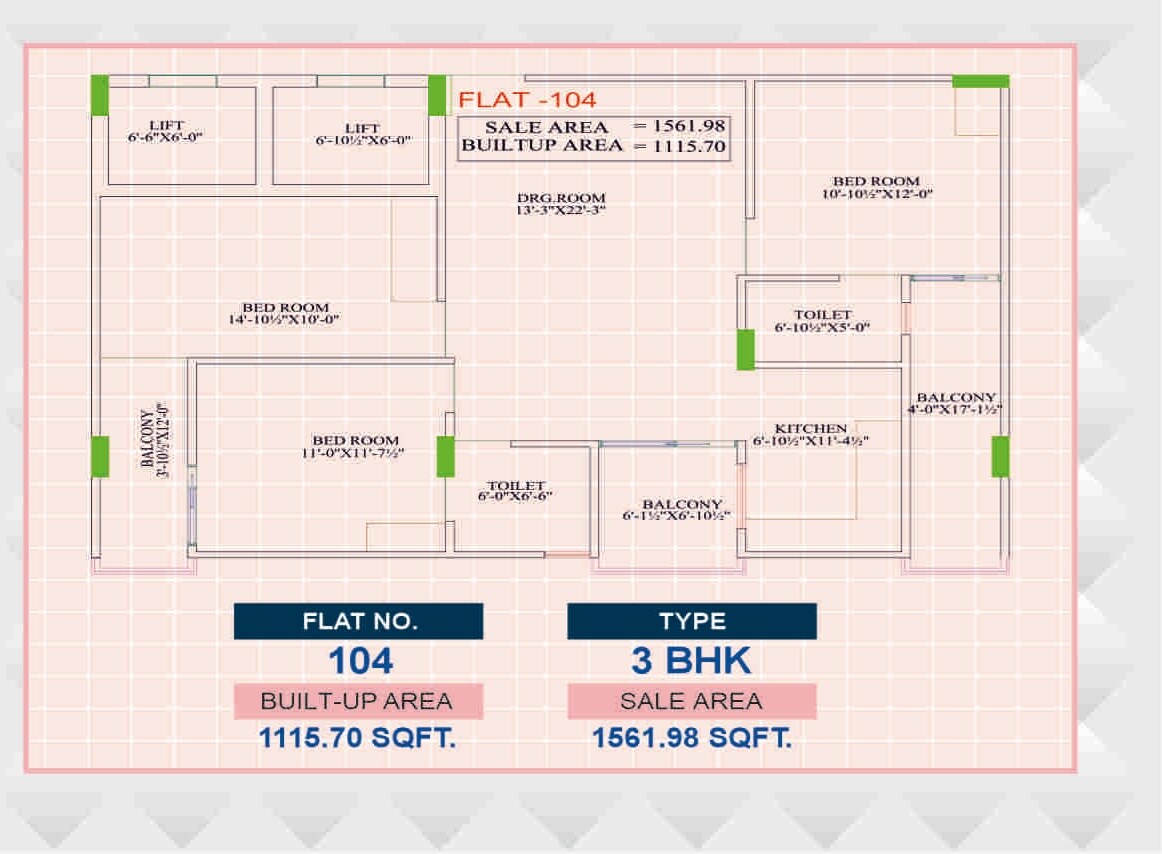 Floor plan of 3 BHK 1561 Sq. Ft. Apartment in Parth Crystal, Jaipur