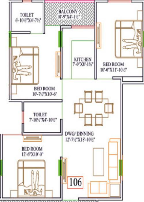 Floor plan of 3 BHK 756 Sq. Ft. Apartment in Parth Palace, Jaipur