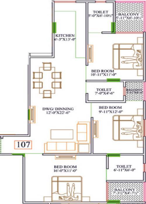 Floor plan of 3 BHK 935 Sq. Ft. Apartment in Parth Palace, Jaipur