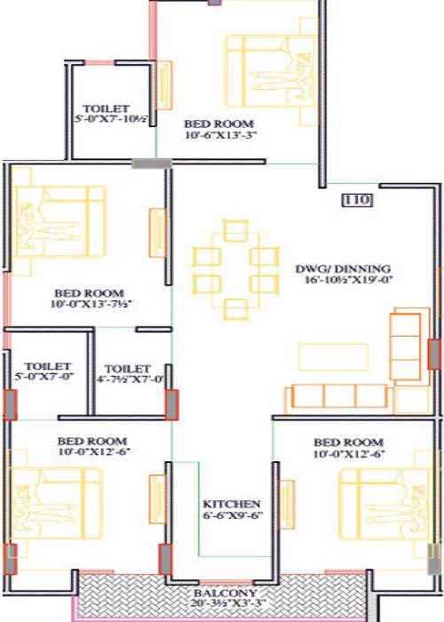 Floor plan of 4 BHK 1117 Sq. Ft. Apartment in Parth Palace, Jaipur