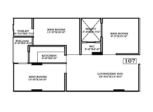 Floor plan of 3 BHK 755 Sq. Ft. Apartment in Parth Prime, Jaipur