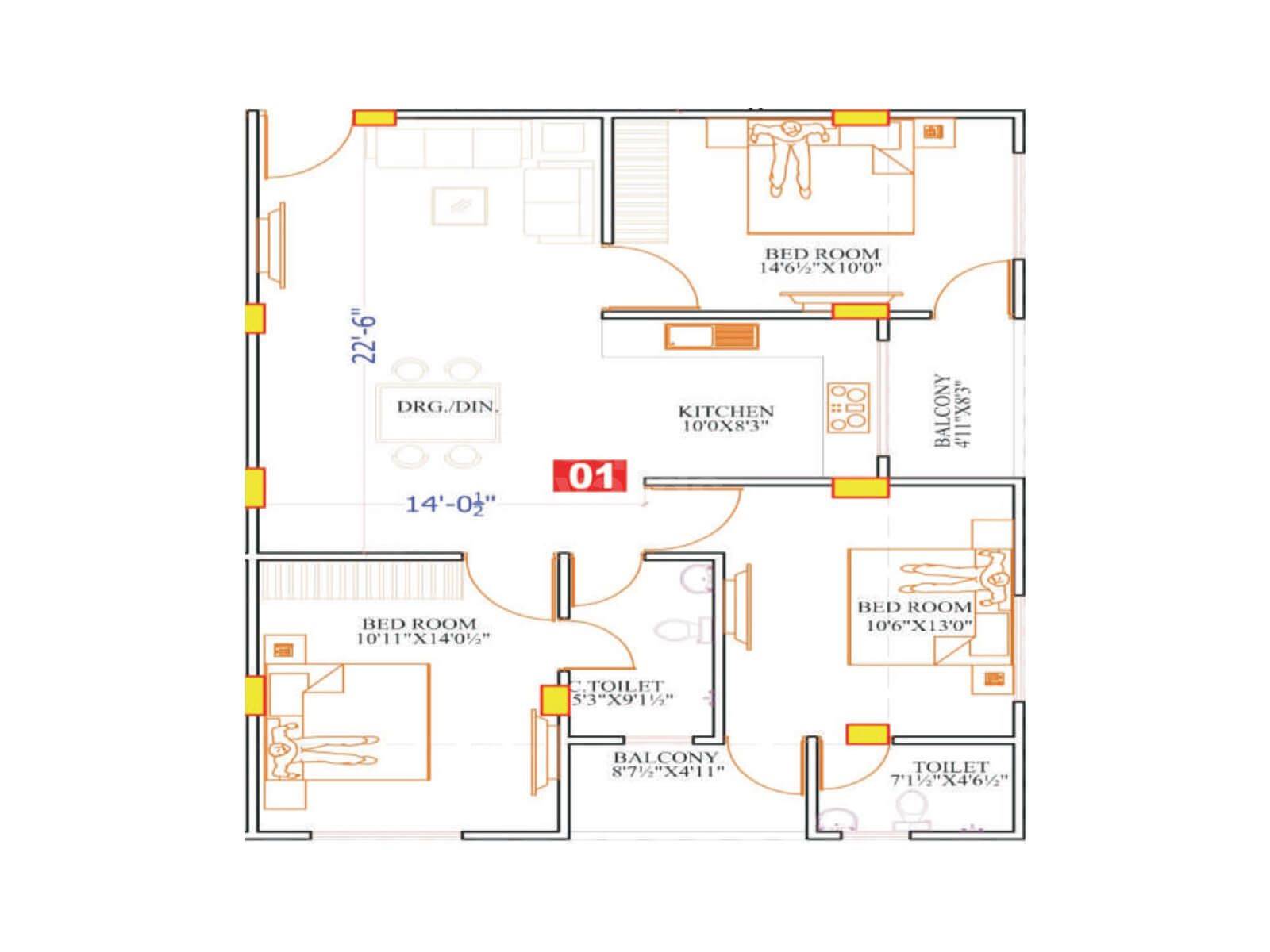 Floor plan of 3 BHK 829 Sq. Ft. Apartment in Parth Residency Dadu, Jaipur