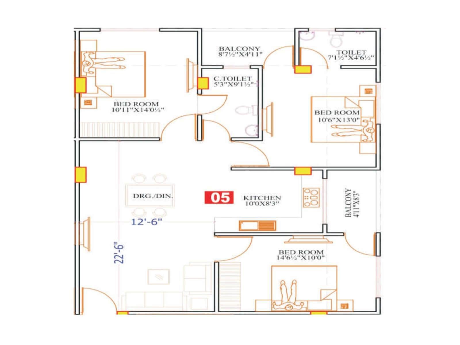 Floor plan of 3 BHK 969 Sq. Ft. Apartment in Parth Residency Dadu, Jaipur