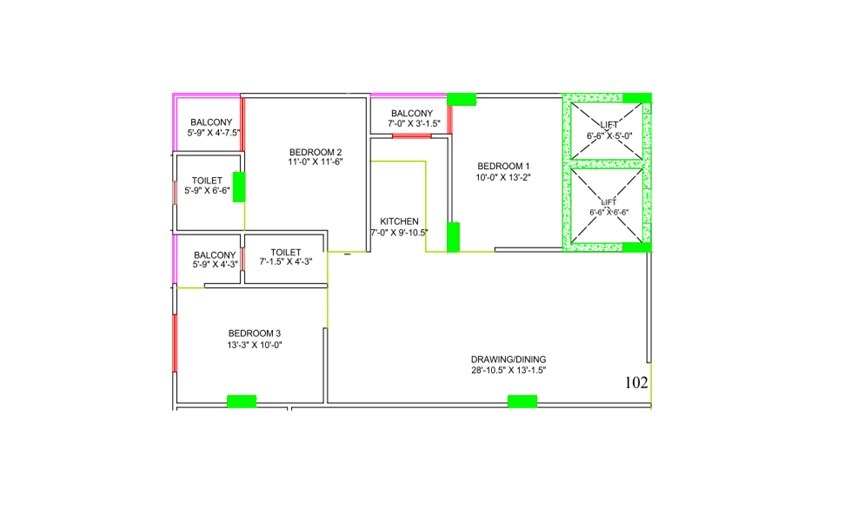 Floor plan of 3 BHK 1558 Sq. Ft. Apartment in Parth Square, Jaipur
