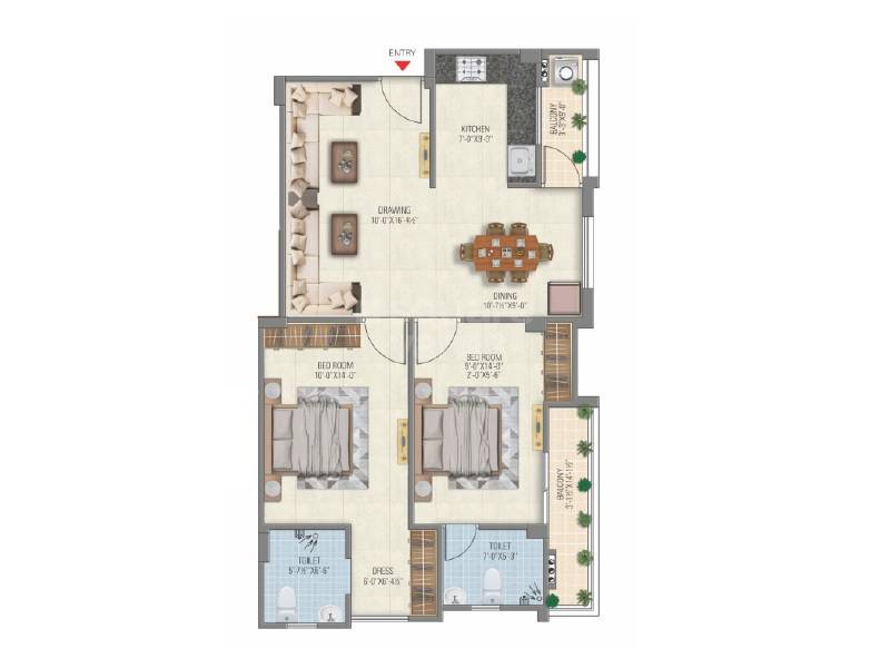 Floor plan of 2 BHK 1155 Sq. Ft. Apartment in Parwani Mohan Heights, Jaipur