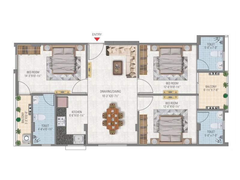 Floor plan of 3 BHK 1265 Sq. Ft. Apartment in Parwani Mohan Heights, Jaipur