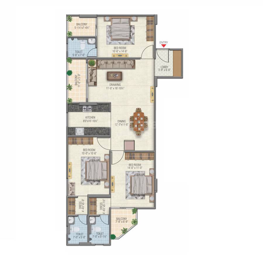 Floor plan of 3 BHK Apartment - 1734 sq. ft. in Parwani Radhey Niwas, Jaipur