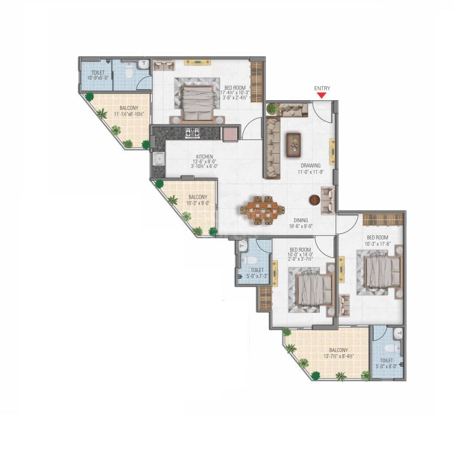 Floor plan of 3 BHK Apartment - 1850 sq. ft. in Parwani Radhey Niwas, Jaipur
