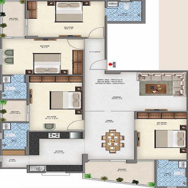 Floor plan of 4 BHK 1495 Sq. Ft. Apartment in Parwani Shanti Sadan, Jaipur
