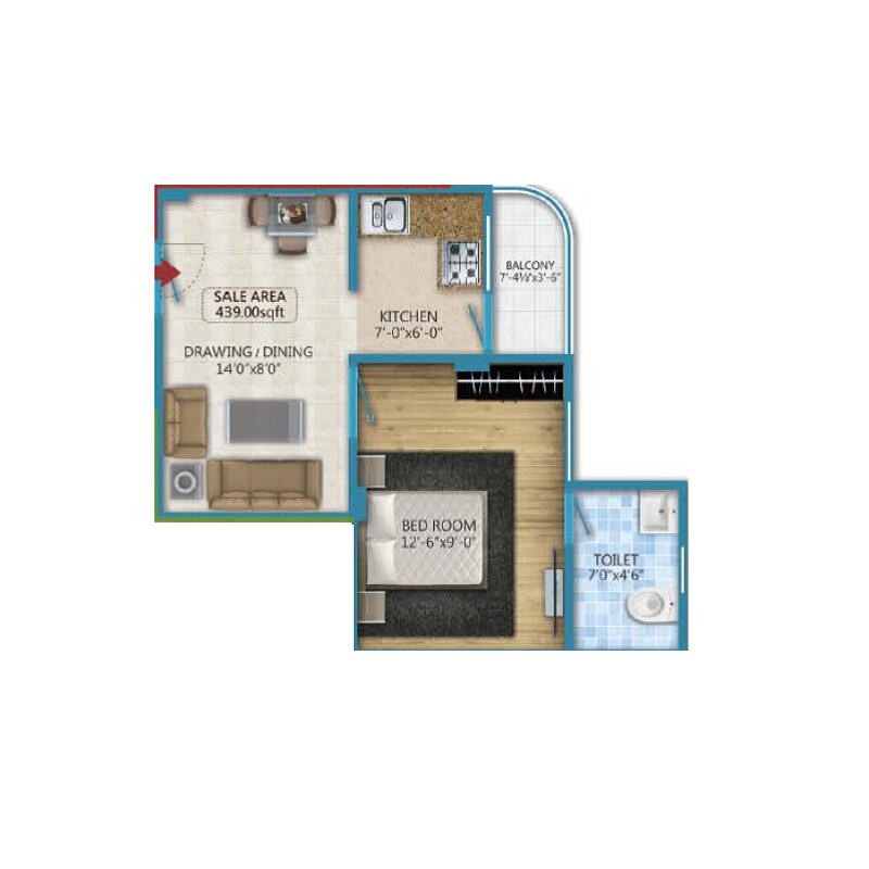 Floor plan of 1 BHK 439 Sq. Ft. Apartment in Pearl Windsor Homes, Jaipur