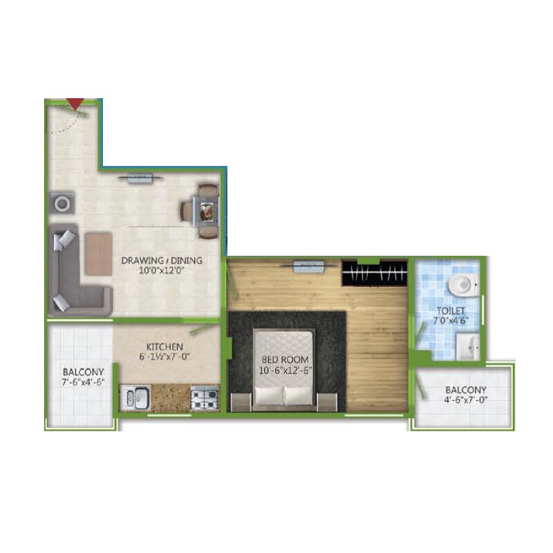 Floor plan of 1 BHK 560 Sq. Ft. Apartment in Pearl Windsor Homes, Jaipur