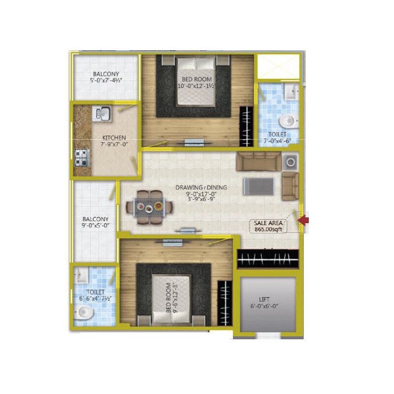 Floor plan of 2 BHK 865 Sq. Ft. Apartment in Pearl Windsor Homes, Jaipur