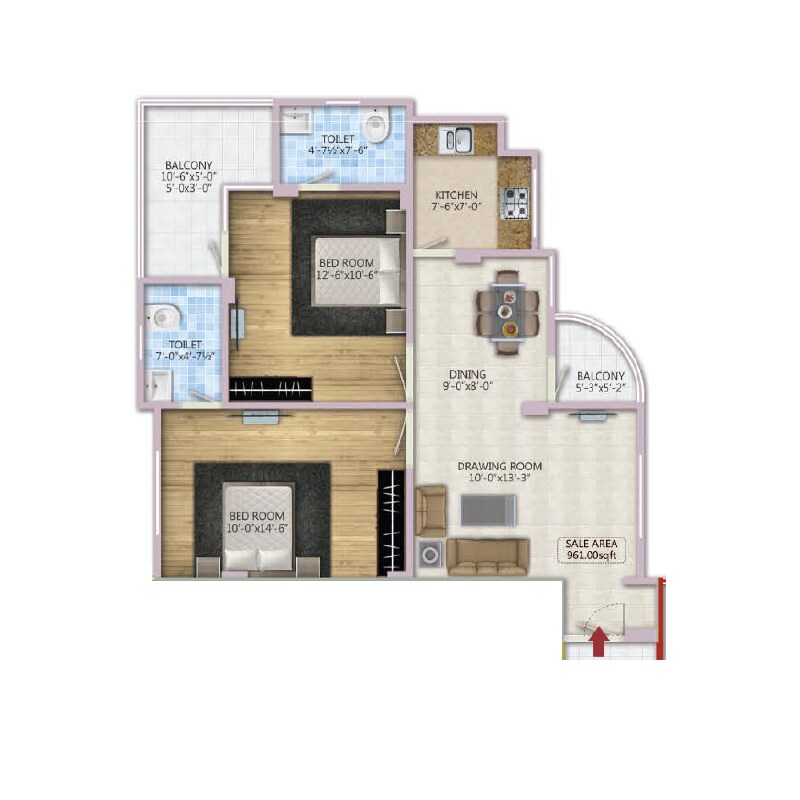 Floor plan of 2 BHK 961 Sq. Ft. Apartment in Pearl Windsor Homes, Jaipur
