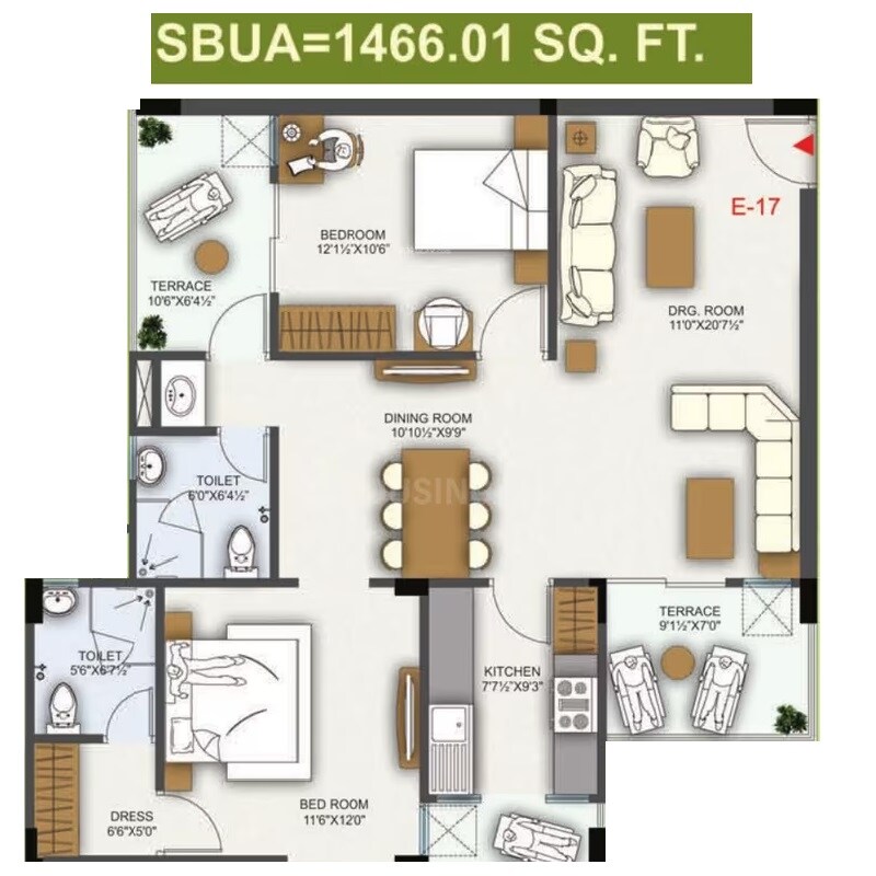 Floor plan of 2 BHK 1466 Sq. Ft. Apartment in Platinum Amaltas, Jaipur