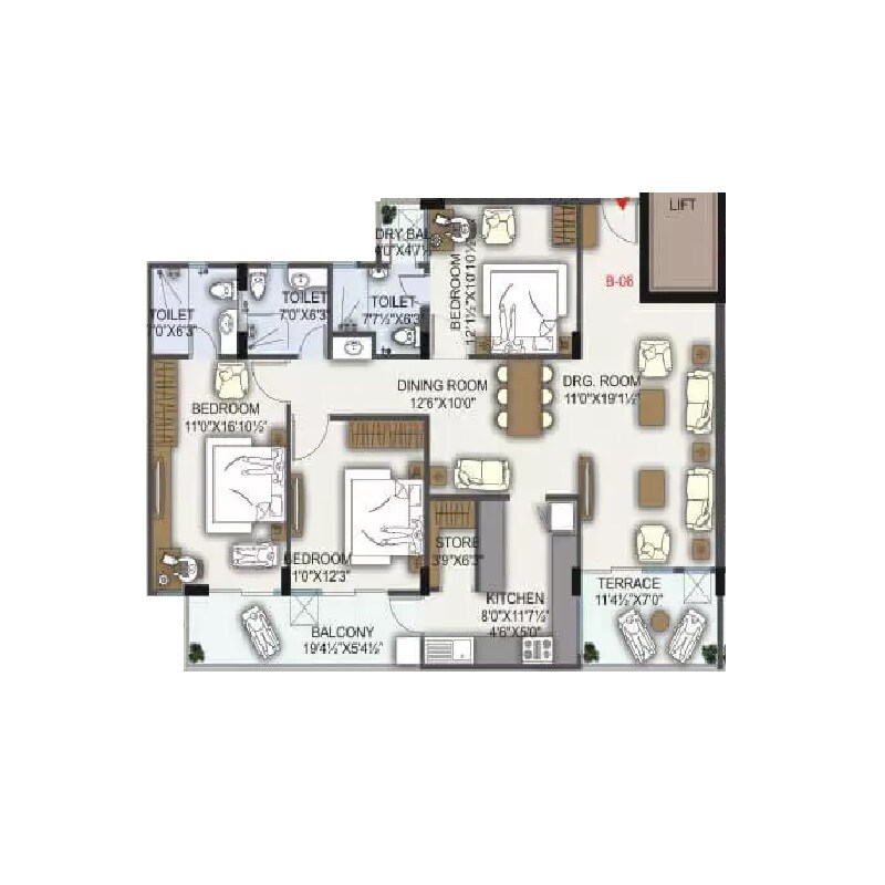 Floor plan of 3 BHK 1901 Sq. Ft. Apartment in Platinum Amaltas, Jaipur