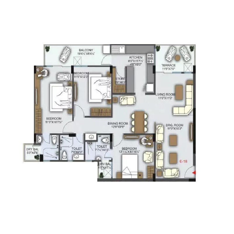 Floor plan of 3 BHK 1985 Sq. Ft. Apartment in Platinum Amaltas, Jaipur