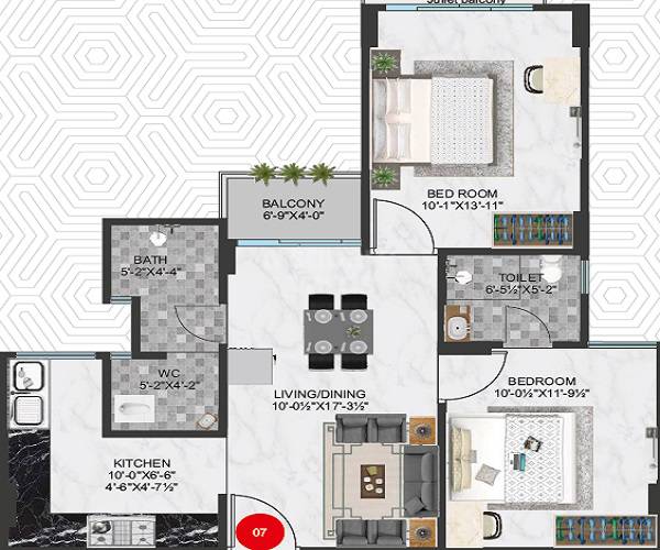 Floor plan of 2 BHK 956 Sq. Ft. Apartment in Platinum Greens Mansarovar, Jaipur