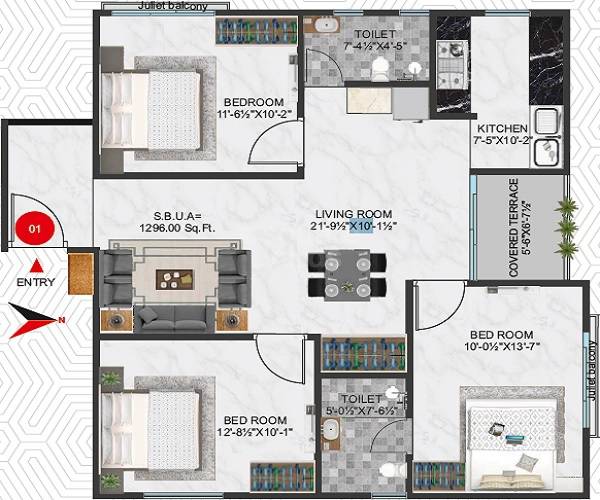 Floor plan of 3 BHK 1296 Sq. Ft. Apartment in Platinum Greens Mansarovar, Jaipur