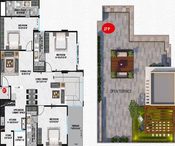 Floor plan of 3 BHK 2514 Sq. Ft. Penthouse in Platinum Greens Mansarovar, Jaipur