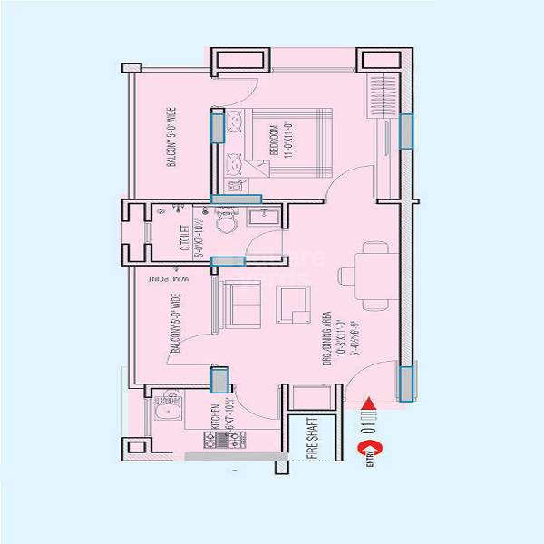 Floor plan of 1 BHK 705 Sq. Ft. Apartment in Platinum Heights Vaishali Nagar, Jaipur