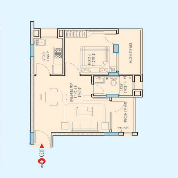 Floor plan of 1 BHK 782 Sq. Ft. Apartment in Platinum Heights Vaishali Nagar, Jaipur