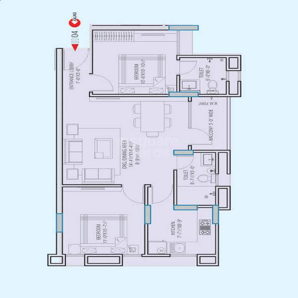 Floor plan of 2 BHK 1017 Sq. Ft. Apartment in Platinum Heights Vaishali Nagar, Jaipur