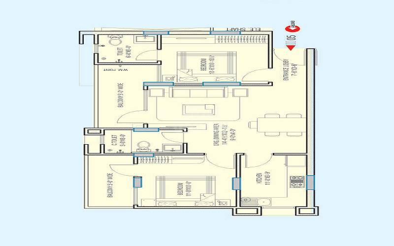 Floor plan of 2 BHK 1107 Sq. Ft. Apartment in Platinum Heights Vaishali Nagar, Jaipur