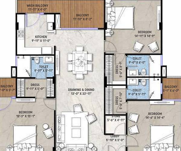 Floor plan of 3 BHK 1676 Sq. Ft. Apartment in Prithvy Samsara, Jaipur