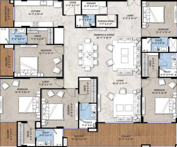 Floor plan of 5 BHK 2825 Sq. Ft. Apartment in Prithvy Samsara, Jaipur