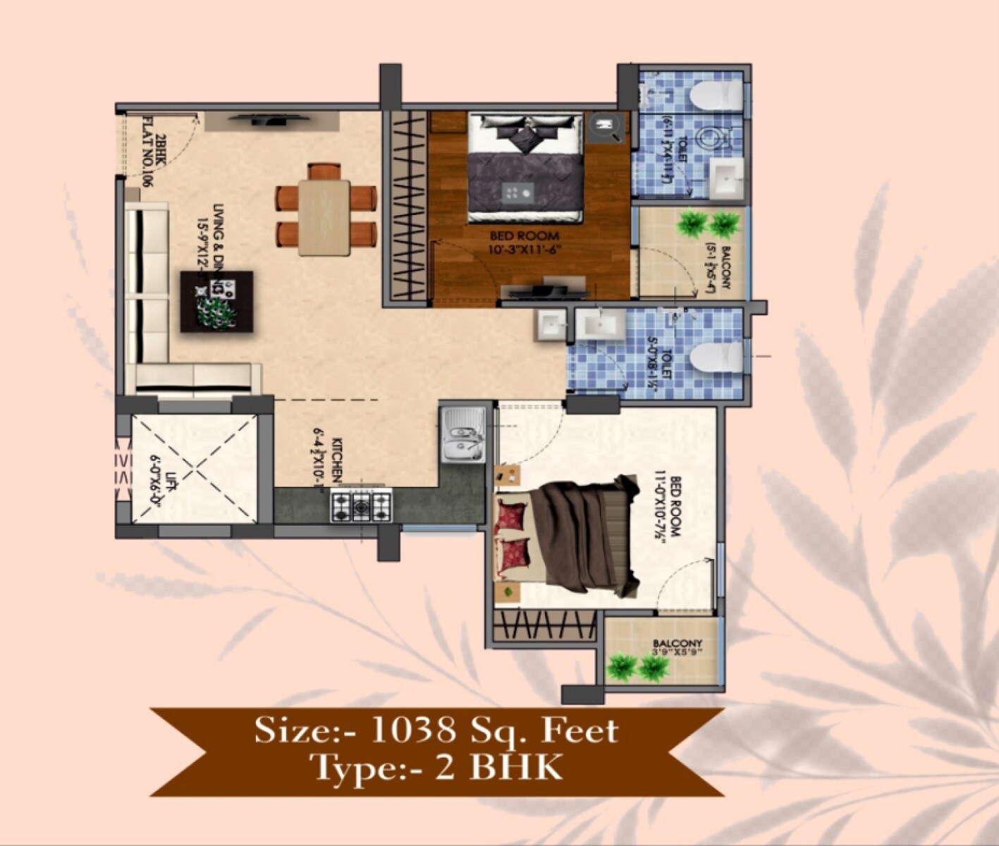 Floor plan of 2 BHK 1038 Sq. Ft. Apartment in Shree Puja Prime, Jaipur