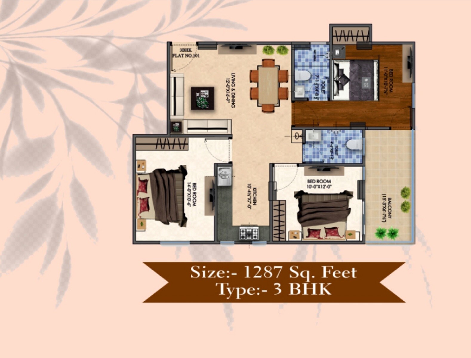 Floor plan of 3 BHK 1287 Sq. Ft. Apartment in Shree Puja Prime, Jaipur