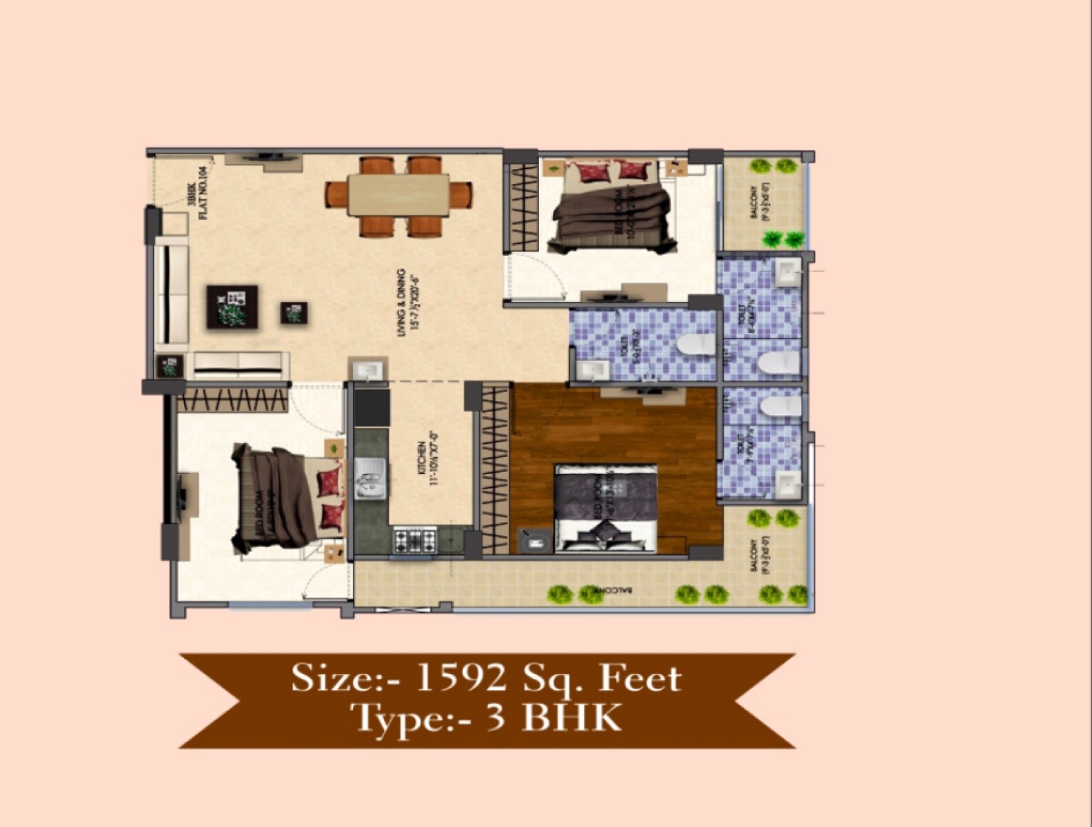 Floor plan of 3 BHK 1592 Sq. Ft. Apartment in Shree Puja Prime, Jaipur