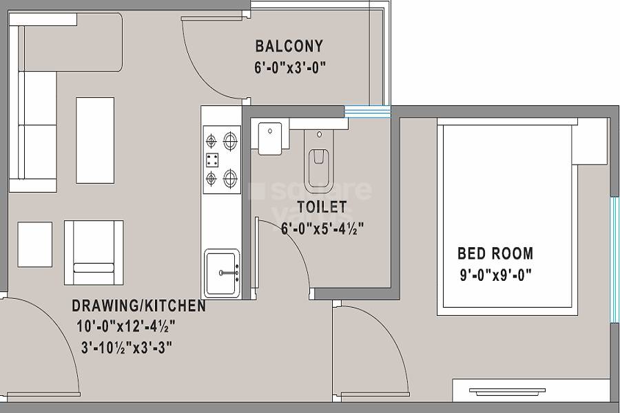 Floor plan of 1 BHK 279 Sq. Ft. Apartment in Purple Aamod, Jaipur