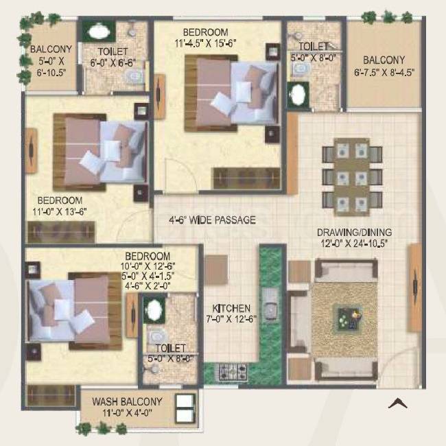 Floor plan of 3 BHK 1698 Sq. Ft. Apartment in Purple Melodia, Jaipur