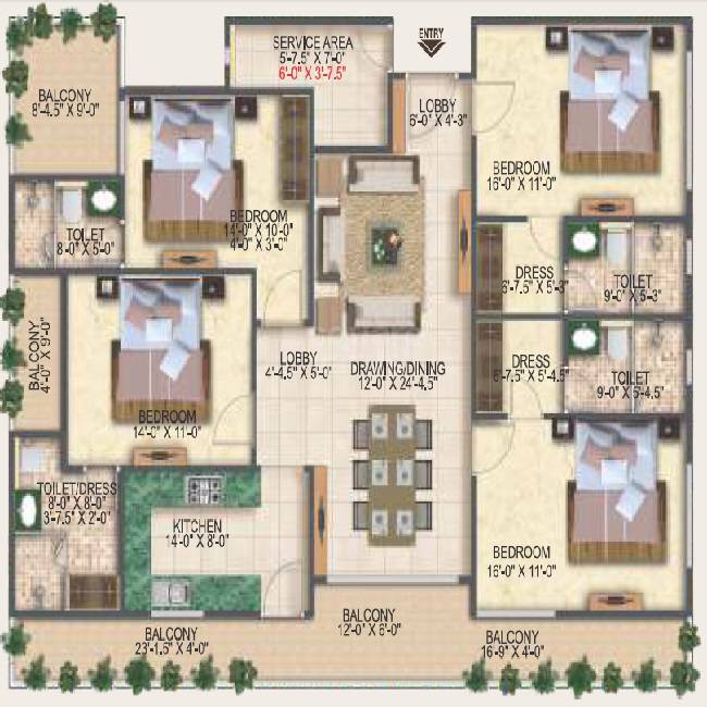 Floor plan of 4 BHK 2712 Sq. Ft. Apartment in Purple Melodia, Jaipur
