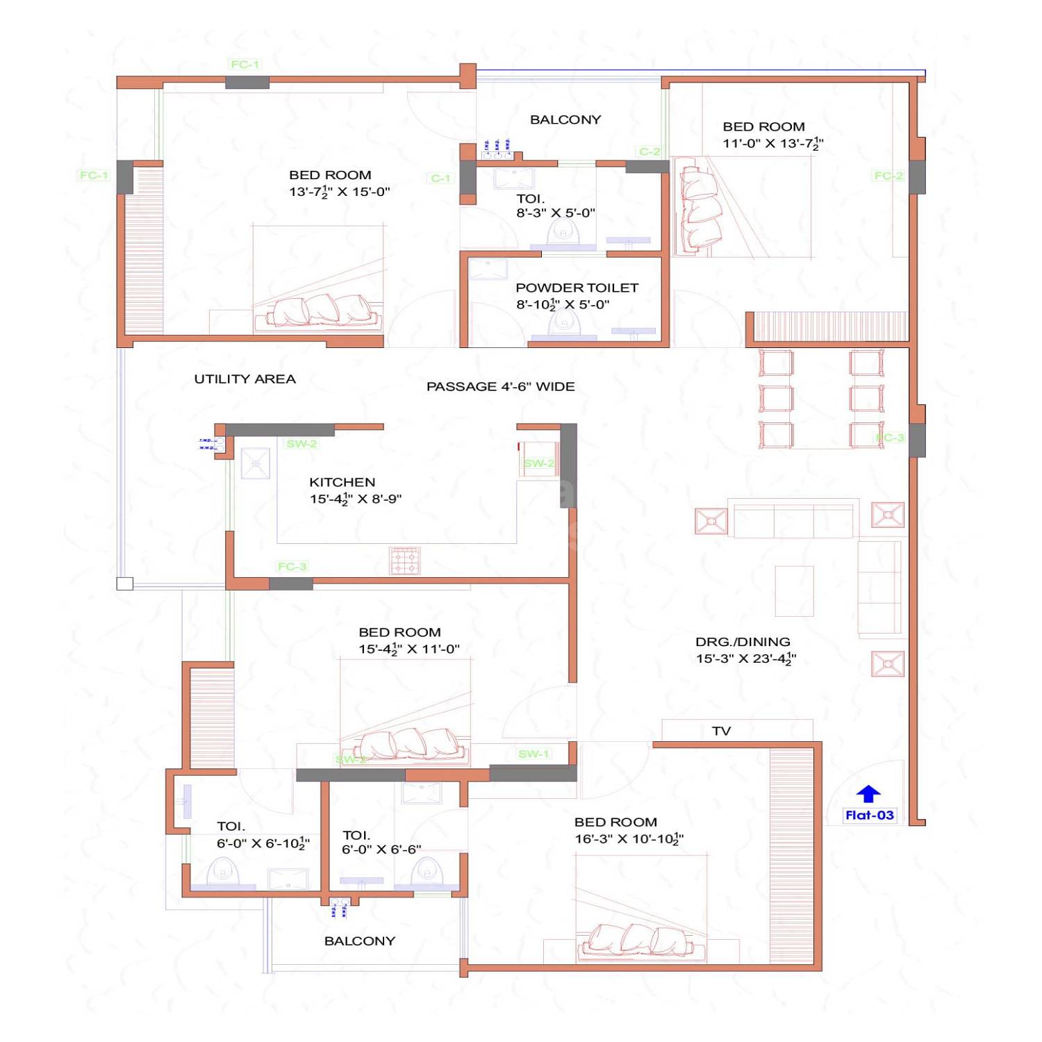 Floor plan of 4 BHK Apartment - 1375 sq. ft. in Rambhajo Ramaa Elite, Jaipur