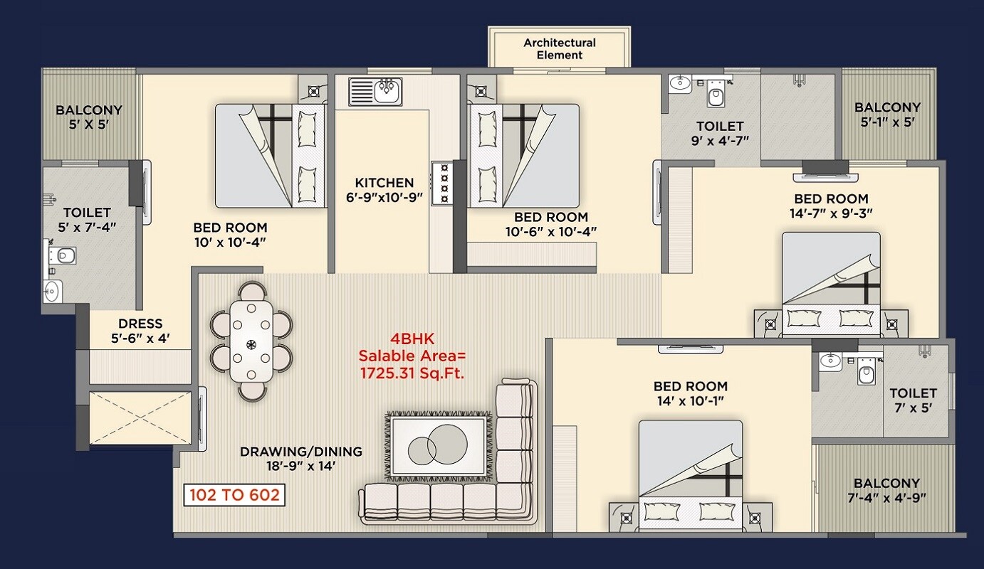 Floor plan of 4 BHK 1725 Sq. Ft. Apartment in Rameshwaram RR Pallacia, Jaipur