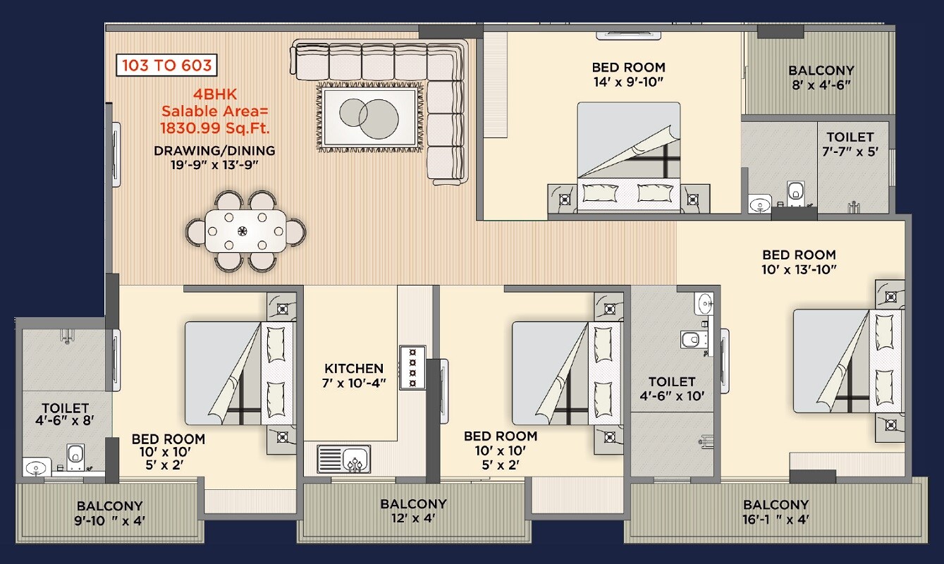 Floor plan of 4 BHK 1831 Sq. Ft. Apartment in Rameshwaram RR Pallacia, Jaipur