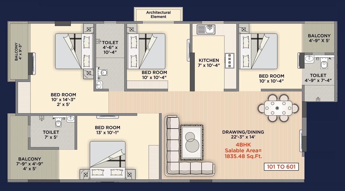 Floor plan of 4 BHK 1835 Sq. Ft. Apartment in Rameshwaram RR Pallacia, Jaipur